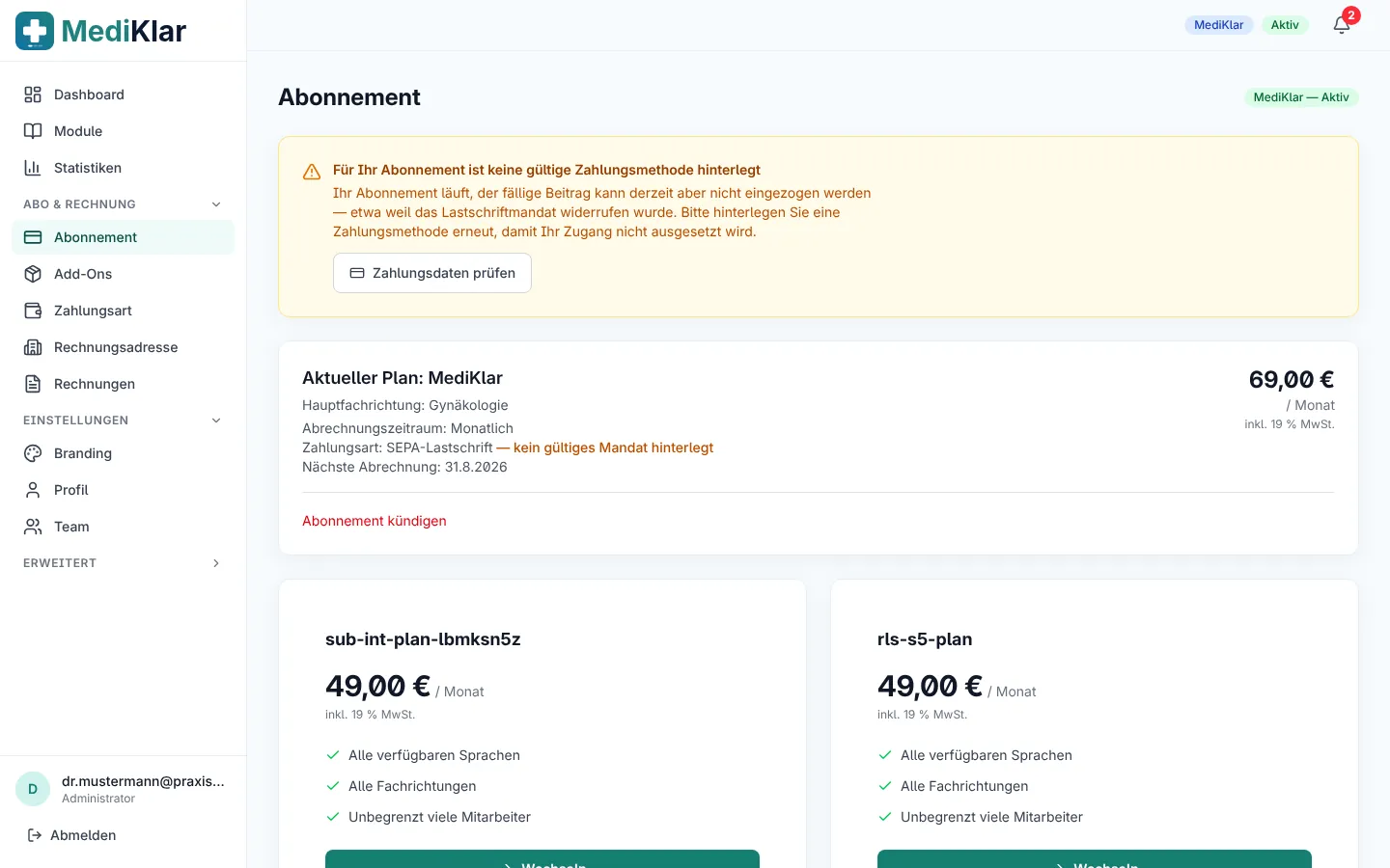 Abo-Seite mit Paket, Abrechnungszeitraum und Zahlungsart