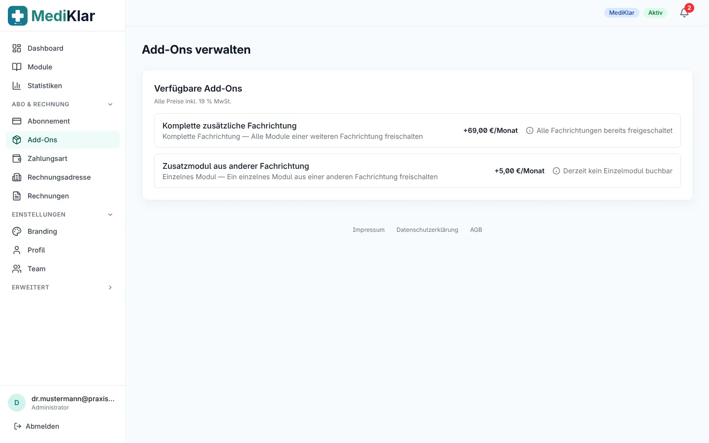 Add-On-Seite mit buchbaren Zusatzmodulen und Fachrichtungen