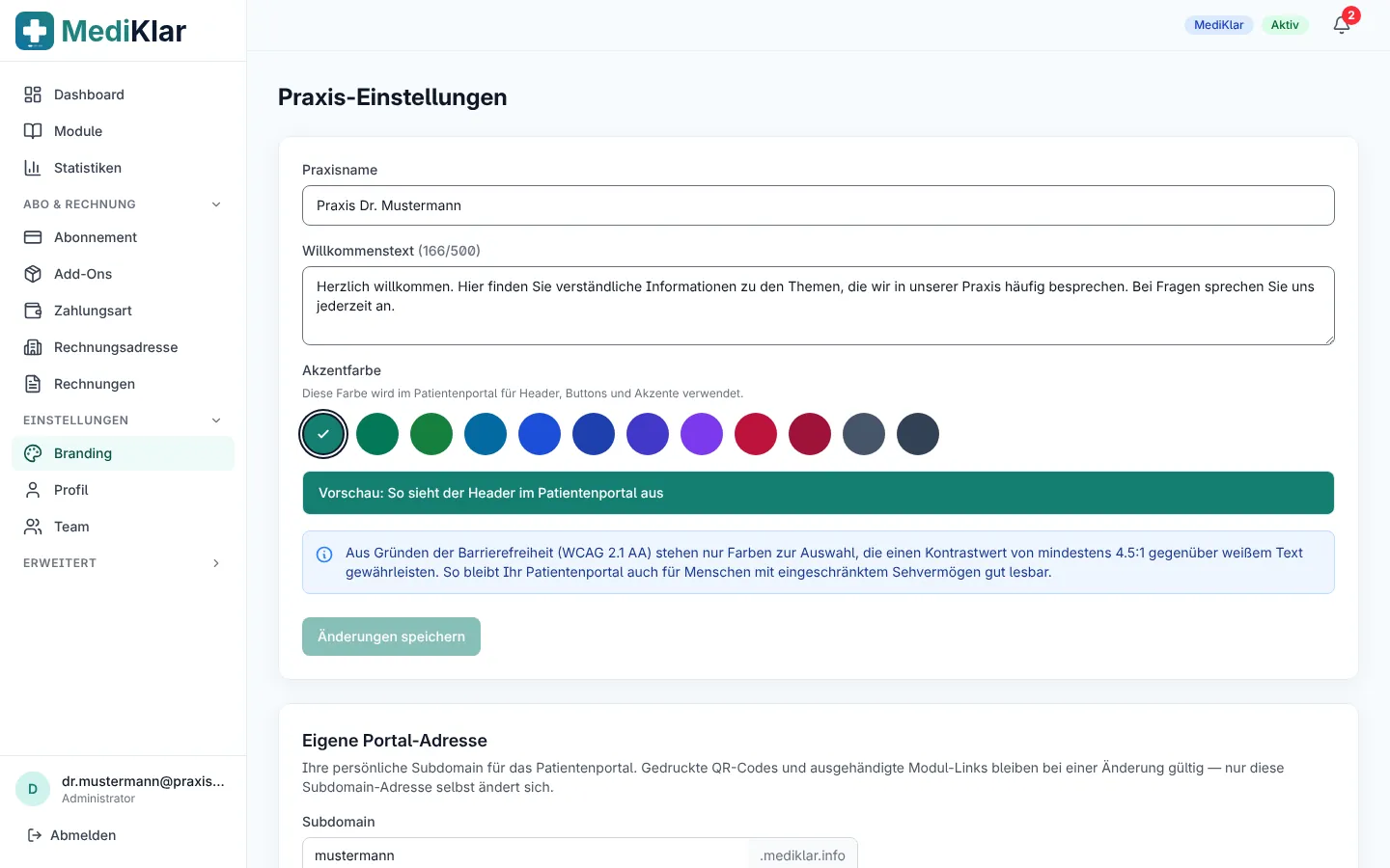 Seite Praxis-Design mit Praxisname, Akzentfarbe und Portal-Adresse