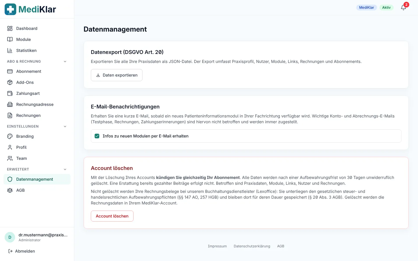 Datenmanagement mit Datenexport, Benachrichtigungen und Kontolöschung