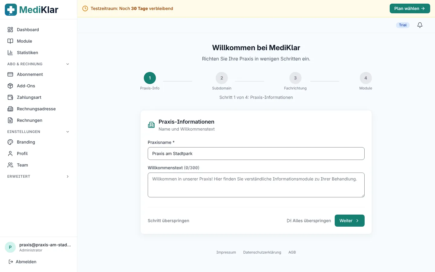 Erster Schritt des Einrichtungsassistenten mit Fortschrittsanzeige