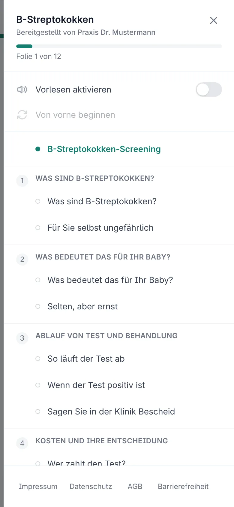 Geöffnetes Inhaltsverzeichnis mit Vorlese-Schalter und Abschnittsübersicht