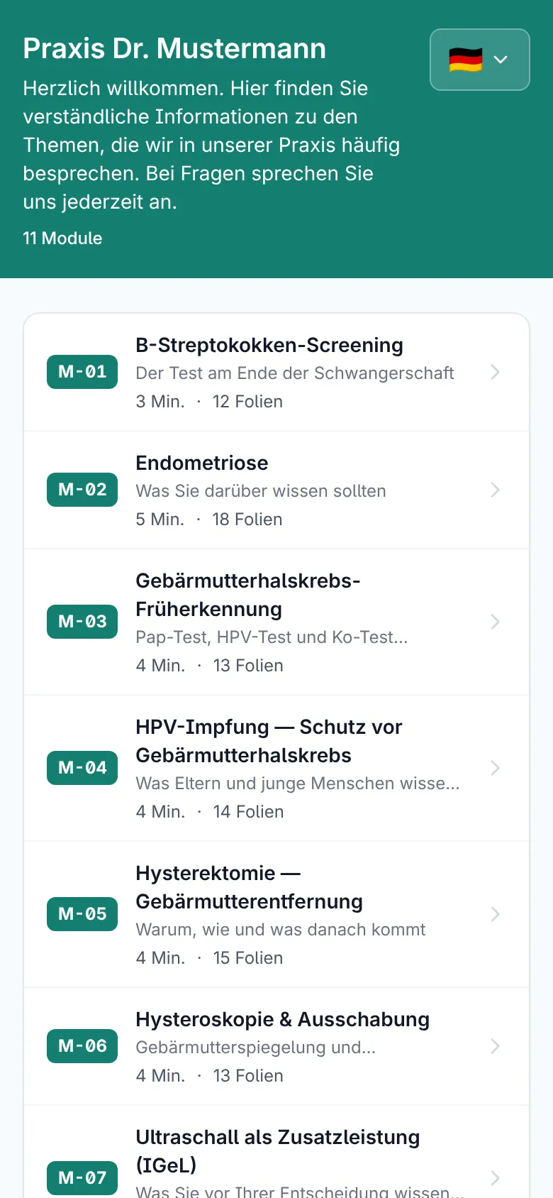 Praxis-Übersichtsseite auf dem Smartphone mit Willkommenstext und Modulliste