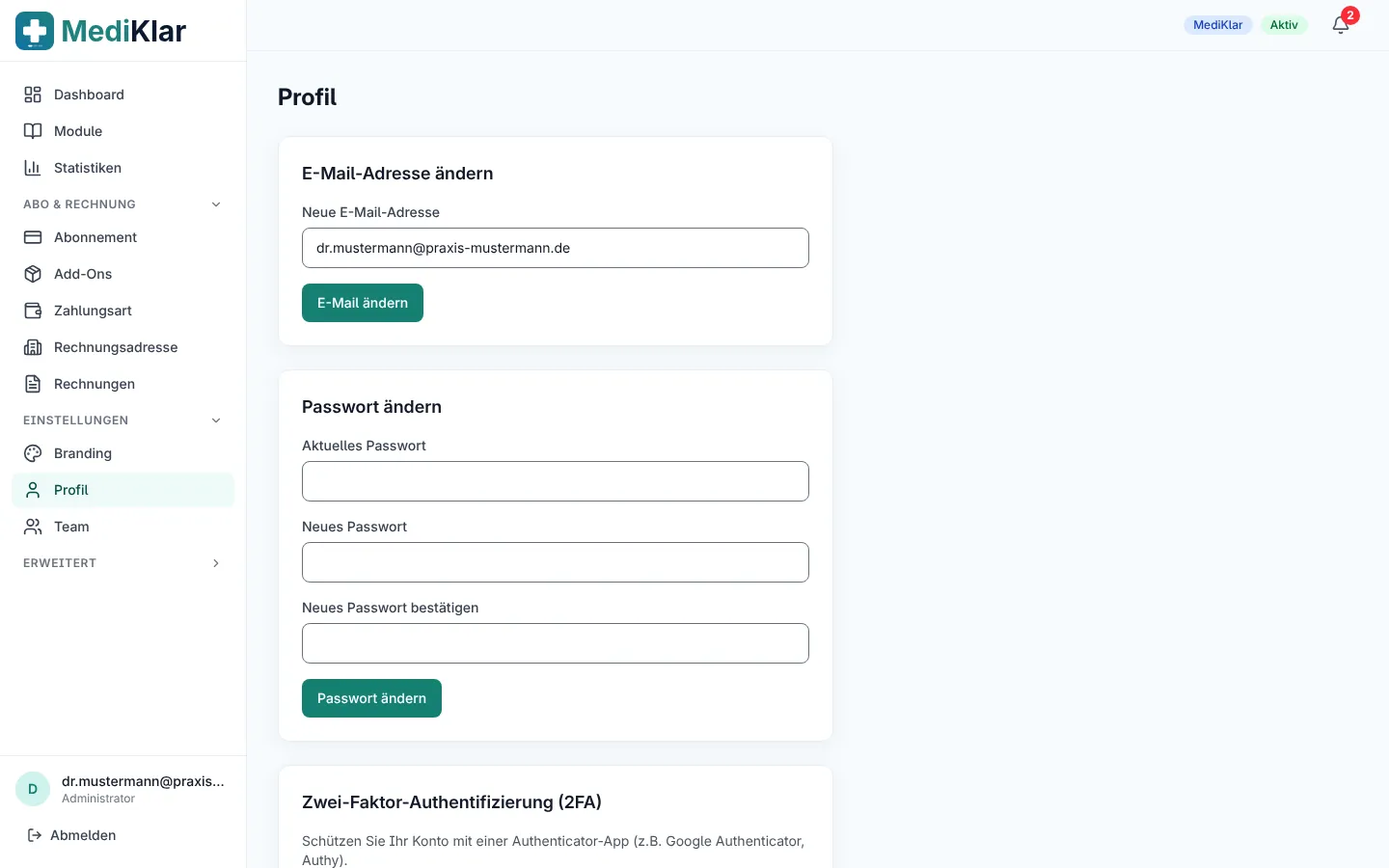 Profilseite mit Name, E-Mail-Adresse, Passwort und Zwei-Faktor-Anmeldung