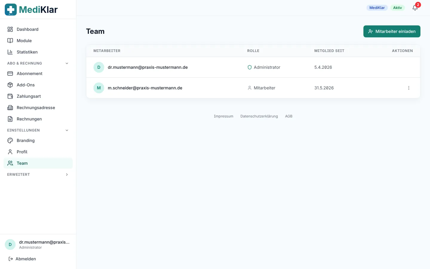 Teamübersicht mit einem Administrator- und einem Mitarbeiterzugang