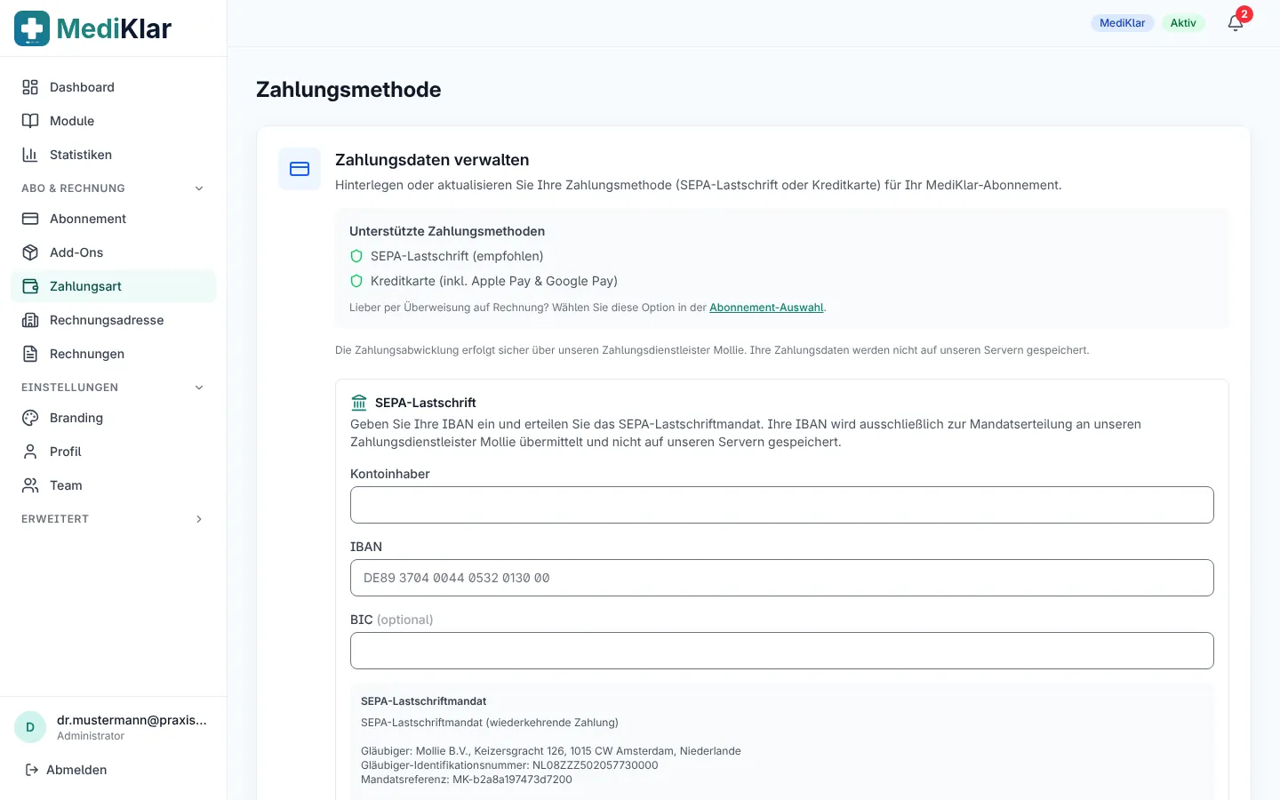 Seite zur Auswahl der Zahlungsart
